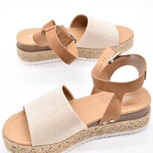 Women's Cute Beige Faux Suede Ankle Strap Toe Platform Espadrille Wedge Sandals